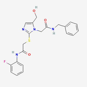 molecular formula C21H21FN4O3S B6569338 2-({1-[(benzylcarbamoyl)methyl]-5-(hydroxymethyl)-1H-imidazol-2-yl}sulfanyl)-N-(2-fluorophenyl)acetamide CAS No. 921822-14-2