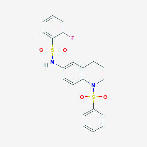 molecular formula C21H19FN2O4S2 B6569631 N-[1-(benzenesulfonyl)-1,2,3,4-tetrahydroquinolin-6-yl]-2-fluorobenzene-1-sulfonamide CAS No. 946345-83-1