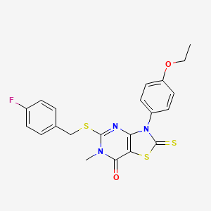 molecular formula C21H18FN3O2S3 B6572978 3-(4-ethoxyphenyl)-5-{[(4-fluorophenyl)methyl]sulfanyl}-6-methyl-2-sulfanylidene-2H,3H,6H,7H-[1,3]thiazolo[4,5-d]pyrimidin-7-one CAS No. 1021217-66-2