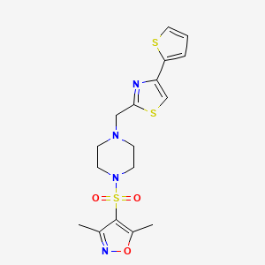molecular formula C17H20N4O3S3 B6575821 1-[(3,5-dimethyl-1,2-oxazol-4-yl)sulfonyl]-4-{[4-(thiophen-2-yl)-1,3-thiazol-2-yl]methyl}piperazine CAS No. 1105216-65-6