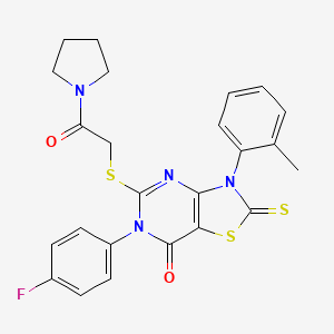 molecular formula C24H21FN4O2S3 B6576596 6-(4-fluorophenyl)-3-(2-methylphenyl)-5-{[2-oxo-2-(pyrrolidin-1-yl)ethyl]sulfanyl}-2-sulfanylidene-2H,3H,6H,7H-[1,3]thiazolo[4,5-d]pyrimidin-7-one CAS No. 422298-52-0