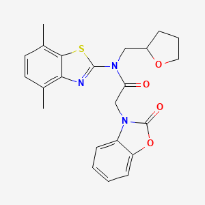 molecular formula C23H23N3O4S B6578195 N-(4,7-dimethyl-1,3-benzothiazol-2-yl)-2-(2-oxo-2,3-dihydro-1,3-benzoxazol-3-yl)-N-[(oxolan-2-yl)methyl]acetamide CAS No. 1170406-39-9
