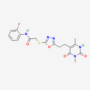 2-({5-[2-(3,6-dimethyl-2,4-dioxo-1,2,3,4-tetrahydropyrimidin-5-yl)ethyl]-1,3,4-oxadiazol-2-yl}sulfanyl)-N-(2-fluorophenyl)acetamide