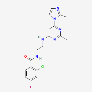 molecular formula C18H18ClFN6O B6579131 2-chloro-4-fluoro-N-(2-{[2-methyl-6-(2-methyl-1H-imidazol-1-yl)pyrimidin-4-yl]amino}ethyl)benzamide CAS No. 1172793-30-4