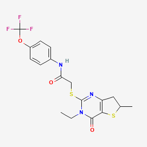molecular formula C18H18F3N3O3S2 B6579348 2-({3-ethyl-6-methyl-4-oxo-3H,4H,6H,7H-thieno[3,2-d]pyrimidin-2-yl}sulfanyl)-N-[4-(trifluoromethoxy)phenyl]acetamide CAS No. 851409-48-8
