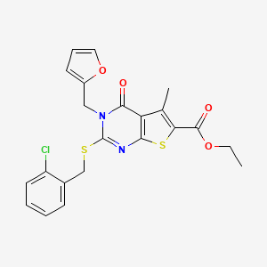 molecular formula C22H19ClN2O4S2 B6579392 ethyl 2-{[(2-chlorophenyl)methyl]sulfanyl}-3-[(furan-2-yl)methyl]-5-methyl-4-oxo-3H,4H-thieno[2,3-d]pyrimidine-6-carboxylate CAS No. 450369-92-3
