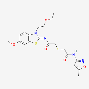 molecular formula C20H24N4O5S2 B6579546 N-[(2Z)-3-(2-ethoxyethyl)-6-methoxy-2,3-dihydro-1,3-benzothiazol-2-ylidene]-2-({[(5-methyl-1,2-oxazol-3-yl)carbamoyl]methyl}sulfanyl)acetamide CAS No. 905695-58-1