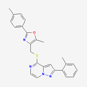 5-methyl-2-(4-methylphenyl)-4-({[2-(2-methylphenyl)pyrazolo[1,5-a]pyrazin-4-yl]sulfanyl}methyl)-1,3-oxazole