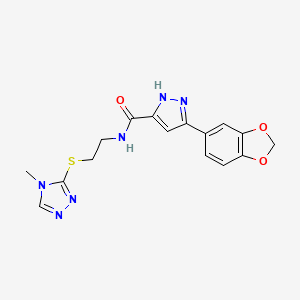 molecular formula C16H16N6O3S B6581424 5-(2H-1,3-benzodioxol-5-yl)-N-{2-[(4-methyl-4H-1,2,4-triazol-3-yl)sulfanyl]ethyl}-1H-pyrazole-3-carboxamide CAS No. 1301766-68-6