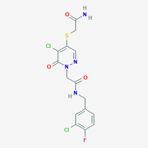 molecular formula C15H13Cl2FN4O3S B6584765 2-{[5-chloro-1-({[(3-chloro-4-fluorophenyl)methyl]carbamoyl}methyl)-6-oxo-1,6-dihydropyridazin-4-yl]sulfanyl}acetamide CAS No. 1251572-34-5