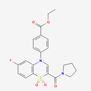 molecular formula C22H21FN2O5S B6586902 ethyl 4-[6-fluoro-1,1-dioxo-2-(pyrrolidine-1-carbonyl)-4H-1lambda6,4-benzothiazin-4-yl]benzoate CAS No. 1251558-70-9