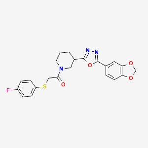molecular formula C22H20FN3O4S B6587356 1-{3-[5-(2H-1,3-benzodioxol-5-yl)-1,3,4-oxadiazol-2-yl]piperidin-1-yl}-2-[(4-fluorophenyl)sulfanyl]ethan-1-one CAS No. 1219902-31-4