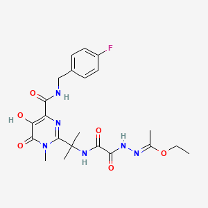 ethyl N-[({2-[4-({[(4-fluorophenyl)methyl]amino}(hydroxy)methylidene)-1-methyl-5,6-dioxo-1,4,5,6-tetrahydropyrimidin-2-yl]propan-2-yl}carbamoyl)carbonyl]ethanehydrazonate