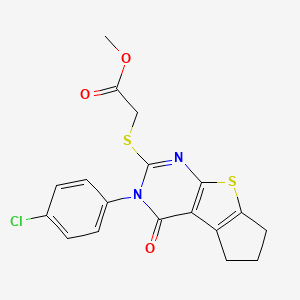 molecular formula C18H15ClN2O3S2 B6598998 methyl 2-{[11-(4-chlorophenyl)-12-oxo-7-thia-9,11-diazatricyclo[6.4.0.0,2,6]dodeca-1(8),2(6),9-trien-10-yl]sulfanyl}acetate CAS No. 676581-53-6