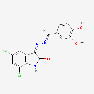 5,7-Dichloro-3-[2-[(3-methoxy-4-oxocyclohexa-2,5-dien-1-ylidene)methyl]hydrazinyl]indol-2-one