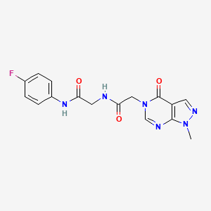 molecular formula C16H15FN6O3 B6621170 N-(4-fluorophenyl)-2-[[2-(1-methyl-4-oxopyrazolo[3,4-d]pyrimidin-5-yl)acetyl]amino]acetamide 