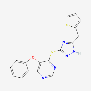 molecular formula C17H11N5OS2 B6621493 4-[[5-(thiophen-2-ylmethyl)-1H-1,2,4-triazol-3-yl]sulfanyl]-[1]benzofuro[3,2-d]pyrimidine 