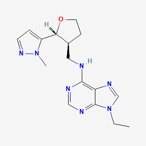 molecular formula C16H21N7O B6622817 9-ethyl-N-[[(2R,3S)-2-(2-methylpyrazol-3-yl)oxolan-3-yl]methyl]purin-6-amine 