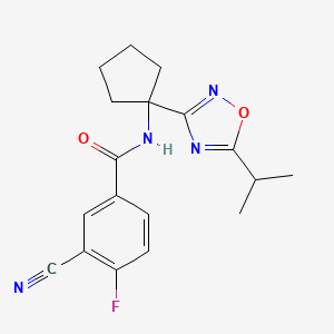 molecular formula C18H19FN4O2 B6623319 3-cyano-4-fluoro-N-[1-(5-propan-2-yl-1,2,4-oxadiazol-3-yl)cyclopentyl]benzamide 