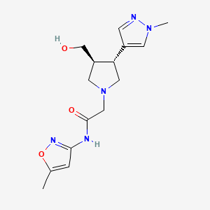 molecular formula C15H21N5O3 B6624437 2-[(3S,4R)-3-(hydroxymethyl)-4-(1-methylpyrazol-4-yl)pyrrolidin-1-yl]-N-(5-methyl-1,2-oxazol-3-yl)acetamide 