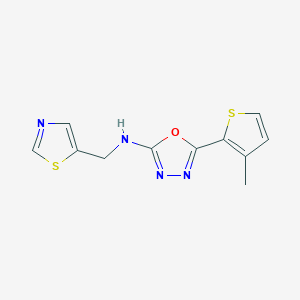 molecular formula C11H10N4OS2 B6625109 5-(3-methylthiophen-2-yl)-N-(1,3-thiazol-5-ylmethyl)-1,3,4-oxadiazol-2-amine 