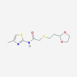 molecular formula C11H16N2O3S2 B6626225 2-[2-(1,3-dioxolan-2-yl)ethylsulfanyl]-N-(4-methyl-1,3-thiazol-2-yl)acetamide 