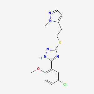 molecular formula C15H16ClN5OS B6626703 5-(5-chloro-2-methoxyphenyl)-3-[2-(2-methylpyrazol-3-yl)ethylsulfanyl]-1H-1,2,4-triazole 