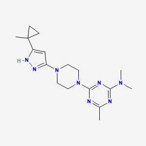 molecular formula C17H26N8 B6627006 N,N,4-trimethyl-6-[4-[5-(1-methylcyclopropyl)-1H-pyrazol-3-yl]piperazin-1-yl]-1,3,5-triazin-2-amine 