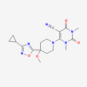 molecular formula C18H22N6O4 B6627083 4-[4-(3-Cyclopropyl-1,2,4-oxadiazol-5-yl)-4-methoxypiperidin-1-yl]-1,3-dimethyl-2,6-dioxopyrimidine-5-carbonitrile 