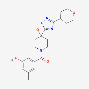 molecular formula C21H27N3O5 B6627119 (3-Hydroxy-5-methylphenyl)-[4-methoxy-4-[3-(oxan-4-yl)-1,2,4-oxadiazol-5-yl]piperidin-1-yl]methanone 