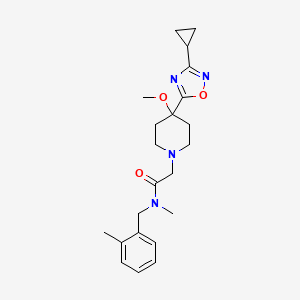 molecular formula C22H30N4O3 B6627142 2-[4-(3-cyclopropyl-1,2,4-oxadiazol-5-yl)-4-methoxypiperidin-1-yl]-N-methyl-N-[(2-methylphenyl)methyl]acetamide 