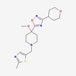 molecular formula C18H26N4O3S B6627164 5-[4-Methoxy-1-[(2-methyl-1,3-thiazol-5-yl)methyl]piperidin-4-yl]-3-(oxan-4-yl)-1,2,4-oxadiazole 