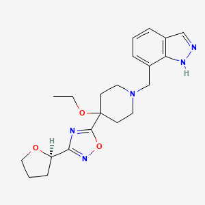 molecular formula C21H27N5O3 B6627240 5-[4-ethoxy-1-(1H-indazol-7-ylmethyl)piperidin-4-yl]-3-[(2R)-oxolan-2-yl]-1,2,4-oxadiazole 