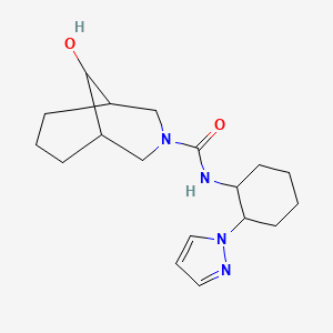 molecular formula C18H28N4O2 B6627561 9-hydroxy-N-(2-pyrazol-1-ylcyclohexyl)-3-azabicyclo[3.3.1]nonane-3-carboxamide 