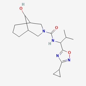 molecular formula C18H28N4O3 B6627624 N-[1-(3-cyclopropyl-1,2,4-oxadiazol-5-yl)-2-methylpropyl]-9-hydroxy-3-azabicyclo[3.3.1]nonane-3-carboxamide 