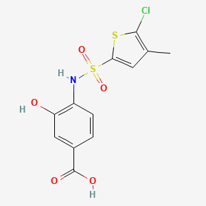 molecular formula C12H10ClNO5S2 B6628268 4-[(5-Chloro-4-methylthiophen-2-yl)sulfonylamino]-3-hydroxybenzoic acid 