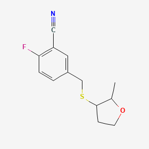 molecular formula C13H14FNOS B6629898 2-Fluoro-5-[(2-methyloxolan-3-yl)sulfanylmethyl]benzonitrile 