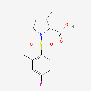molecular formula C13H16FNO4S B6632641 1-(4-Fluoro-2-methylphenyl)sulfonyl-3-methylpyrrolidine-2-carboxylic acid 