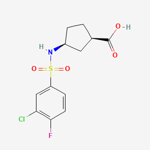 molecular formula C12H13ClFNO4S B6633523 (1R,3S)-3-[(3-chloro-4-fluorophenyl)sulfonylamino]cyclopentane-1-carboxylic acid 