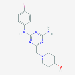 molecular formula C15H19FN6O B6639375 1-[[4-Amino-6-(4-fluoroanilino)-1,3,5-triazin-2-yl]methyl]piperidin-4-ol 