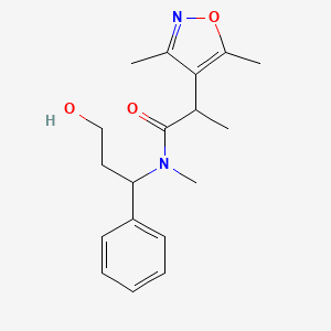 molecular formula C18H24N2O3 B6641391 2-(3,5-dimethyl-1,2-oxazol-4-yl)-N-(3-hydroxy-1-phenylpropyl)-N-methylpropanamide 