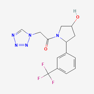 molecular formula C14H14F3N5O2 B6641836 1-[4-Hydroxy-2-[3-(trifluoromethyl)phenyl]pyrrolidin-1-yl]-2-(tetrazol-1-yl)ethanone 