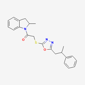 1-(2-Methyl-2,3-dihydroindol-1-yl)-2-[[5-(2-phenylpropyl)-1,3,4-oxadiazol-2-yl]sulfanyl]ethanone