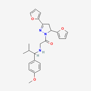 molecular formula C24H27N3O4 B6642826 1-[3,5-Bis(furan-2-yl)-3,4-dihydropyrazol-2-yl]-2-[[1-(4-methoxyphenyl)-2-methylpropyl]amino]ethanone 