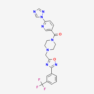 molecular formula C22H19F3N8O2 B6642916 [6-(1,2,4-Triazol-1-yl)pyridin-3-yl]-[4-[[3-[3-(trifluoromethyl)phenyl]-1,2,4-oxadiazol-5-yl]methyl]piperazin-1-yl]methanone 