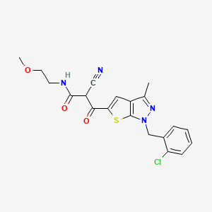 molecular formula C20H19ClN4O3S B6642955 3-[1-[(2-chlorophenyl)methyl]-3-methylthieno[2,3-c]pyrazol-5-yl]-2-cyano-N-(2-methoxyethyl)-3-oxopropanamide 