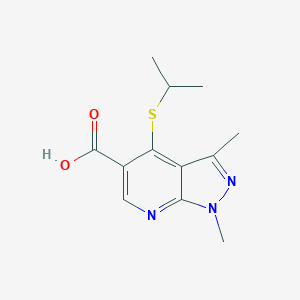 molecular formula C12H15N3O2S B066445 1,3-Dimethyl-4-propan-2-ylsulfanylpyrazolo[3,4-b]pyridine-5-carboxylic acid CAS No. 175202-33-2