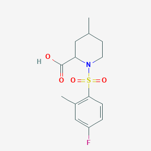 molecular formula C14H18FNO4S B6645324 1-(4-Fluoro-2-methylphenyl)sulfonyl-4-methylpiperidine-2-carboxylic acid 