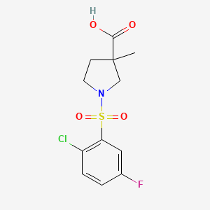 molecular formula C12H13ClFNO4S B6645438 1-(2-Chloro-5-fluorophenyl)sulfonyl-3-methylpyrrolidine-3-carboxylic acid 