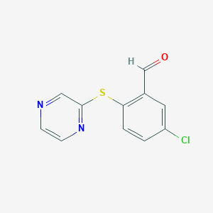 molecular formula C11H7ClN2OS B6645855 5-Chloro-2-pyrazin-2-ylsulfanylbenzaldehyde 